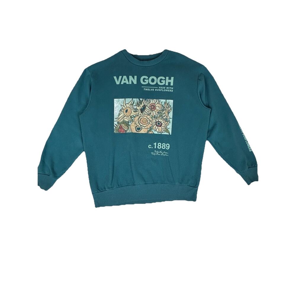Mighty Fine Sweatshirt Teal Graphic Print Van Gogh Sunflowers Casual Mens M